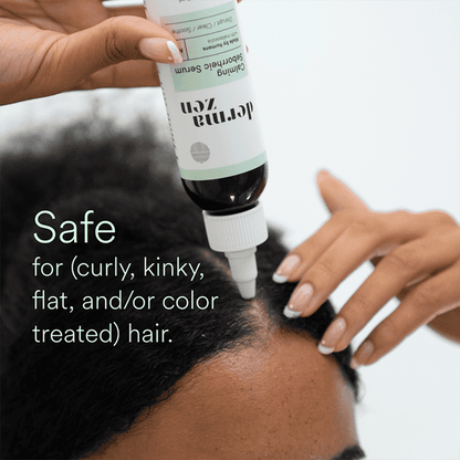 Topical Calming Seborrheic Serum by Dermazen showing a clear dropper bottle and soothing packaging for dandruff relief.