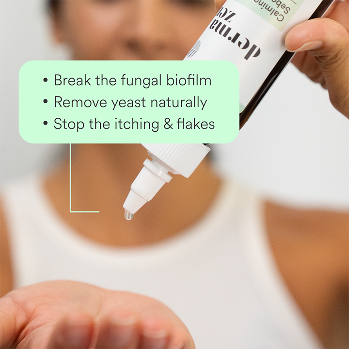 Dermazen Calming Seborrheic Serum in a bottle, designed for topical use to soothe scalp and reduce dandruff symptoms.