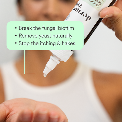 Dermazen Calming Seborrheic Serum in a bottle, designed for topical use to soothe scalp and reduce dandruff symptoms.