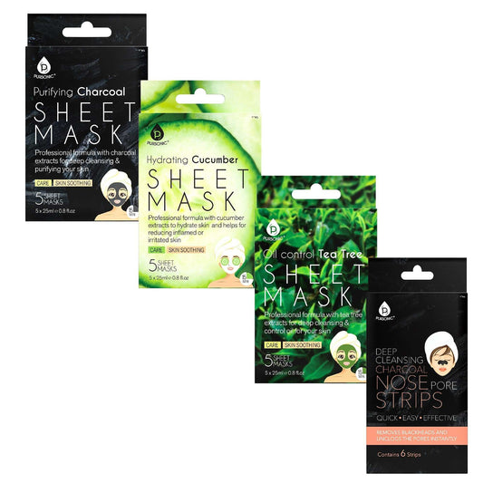 Pursonic skincare bundle with charcoal, tea tree, and cucumber sheet masks plus cleansing charcoal nose pore strip.