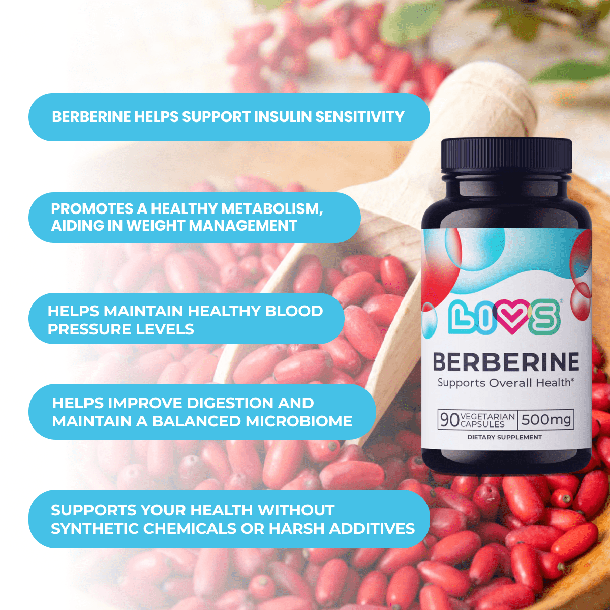 LIVS Berberine Capsules showing a close-up of the white capsules in a blister pack on a neutral background