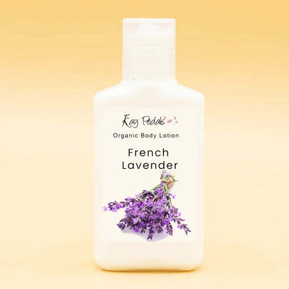 French Lavender Bundle organic body lotion in a white plastic bottle with a lavender flower illustration and black text label