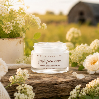 Jar of Pretty Farm Girl Fresh Face Cream Anti-Aging Tallow Moisturizer showing creamy texture and natural ingredients in a minimalist container.