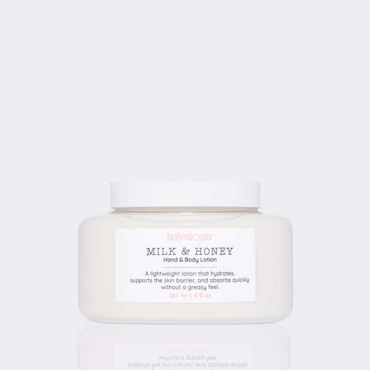 Holysticspa Milk & Honey Body Lotion bottle with floral design, featuring a creamy texture and soft pastel colors.