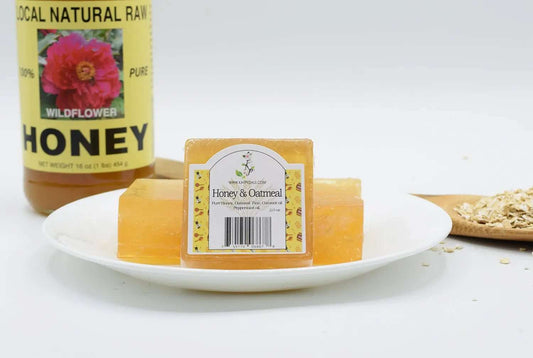 Bar of Honey and Oatmeal Soap by Kay Pedals, 2.0oz, with visible honey and oatmeal ingredients in a natural soap bar.
