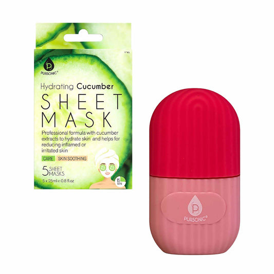 Pursonic Ice Cube Facial Roller and hydrating cucumber sheet masks, skincare tools for cooling and refreshing your face.