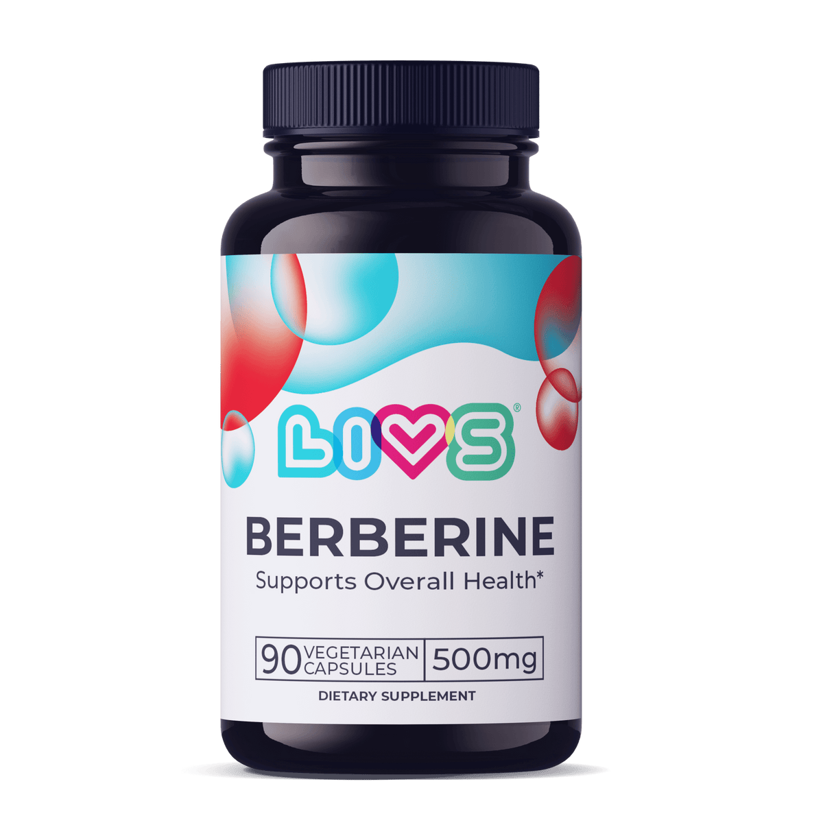 LIVS Berberine capsules in a bottle, dietary supplement for wellness, with 90 capsules visible in the image.