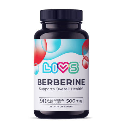 LIVS Berberine capsules in a bottle, dietary supplement for wellness, with 90 capsules visible in the image.