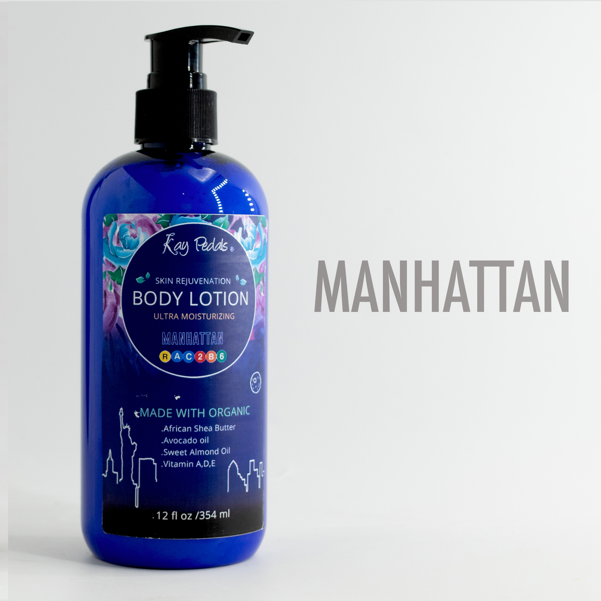 Manhattan Natural Organic Body Lotion in a blue plastic pump bottle with floral and cityscape label, organic ingredients listed.