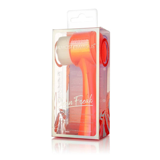 Almost Famous Hair Cleanse It 2-in-1 facial cleansing and exfoliator brush, handheld skincare accessory with bristles.