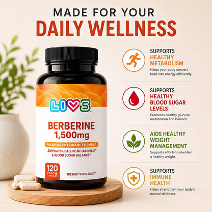 LIVS Berberine 1,500mg capsules for daily wellness, showing the white supplement capsules on a neutral background.