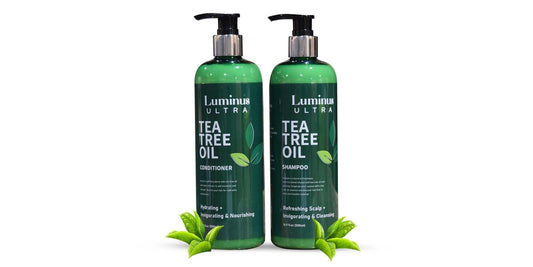 Luminus LLC Tea Tree Shampoo and Conditioner for all hair types, featuring natural tea tree oil for scalp and hair health.