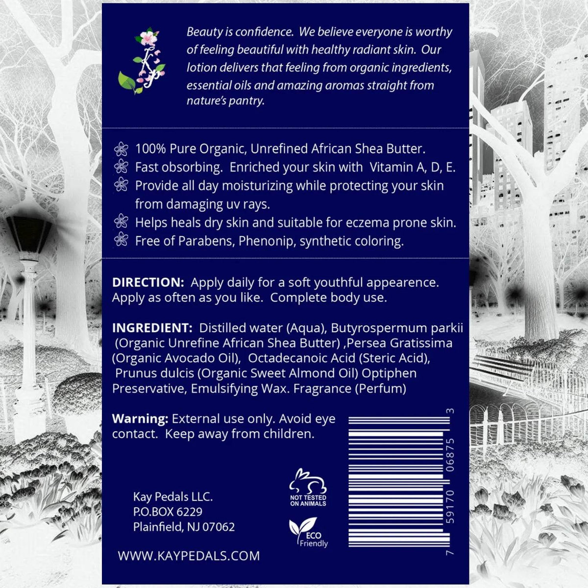 Blue rectangular bottle label of Manhattan Natural Organic Body Lotion featuring white text with skincare benefits, directions, and ingredients list in clear font.