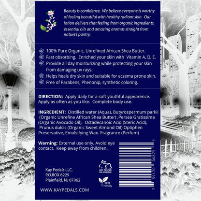 Blue rectangular bottle label of Manhattan Natural Organic Body Lotion featuring white text with skincare benefits, directions, and ingredients list in clear font.