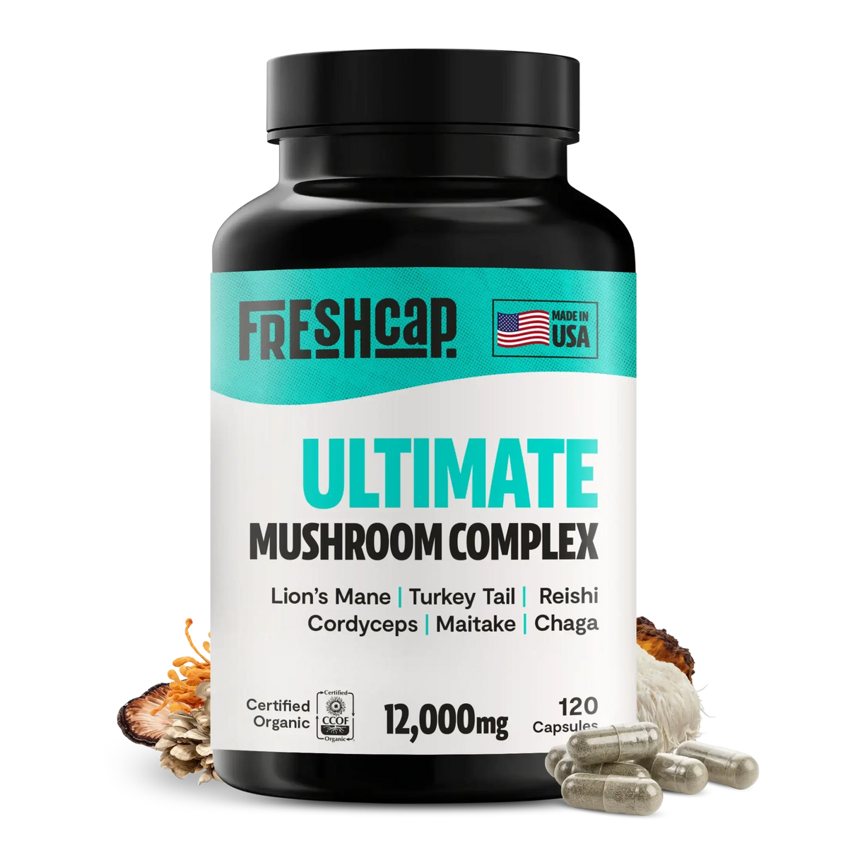 FreshCap Mushrooms organic mushroom complex supplement capsules, showing a bottle of 120 capsules with mushroom imagery on the label.