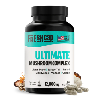 FreshCap Mushrooms organic mushroom complex supplement capsules, showing a bottle of 120 capsules with mushroom imagery on the label.