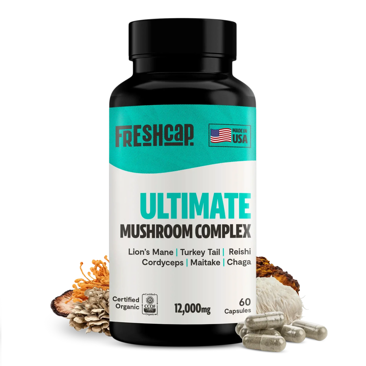 FreshCap Mushrooms Organic Mushroom Complex capsules in a bottle, showcasing the supplement capsules with label details.