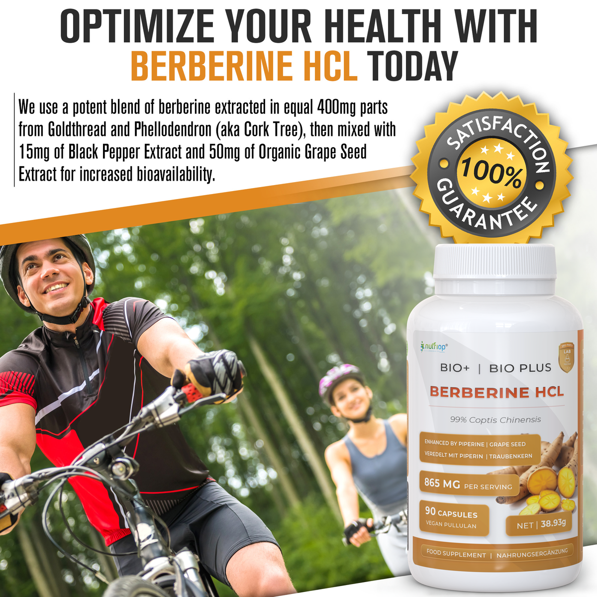 Nutriop Bio-Enhanced Berberine HCL dietary supplement capsules, 865mg, dual-source AMPK activator, in a bottle.