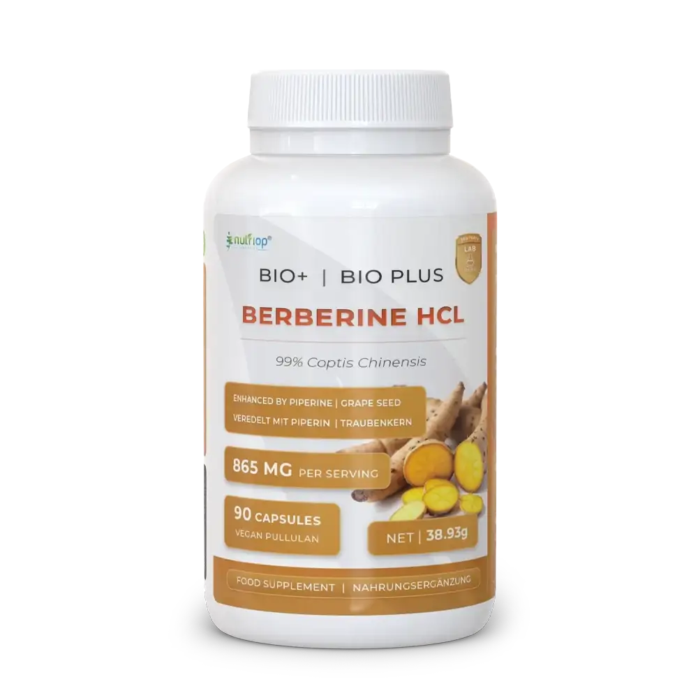 Nutriop Bio-Enhanced Berberine HCL dietary supplement capsules for metabolic support and AMPK activation, 90 capsules.
