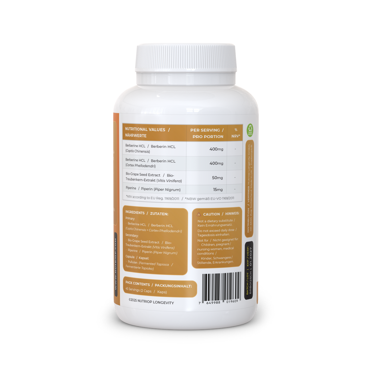 Rear view of Nutriop Bio-Enhanced Berberine HCL dietary supplement bottle with 90 capsules, designed to support metabolism and energy.
