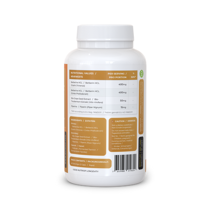 Rear view of Nutriop Bio-Enhanced Berberine HCL dietary supplement bottle with 90 capsules, designed to support metabolism and energy.