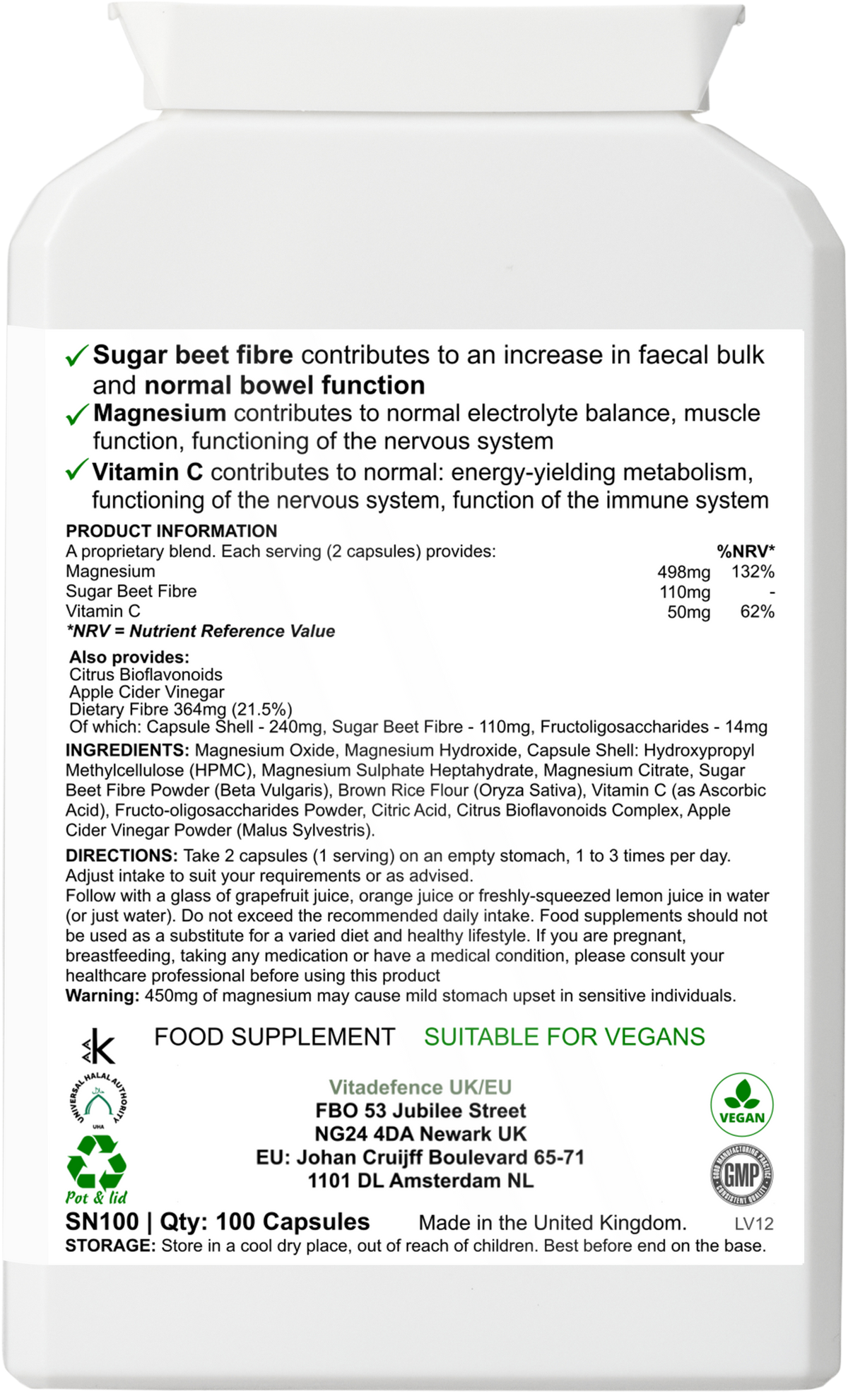 VitaDefence Magnesium Multi vegan supplement capsules with vitamin C and sugar beet fibre, shown in a 200ml bottle on a white background.