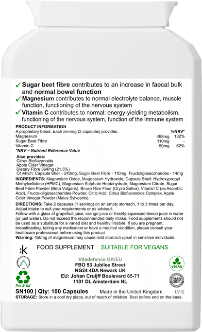 VitaDefence Magnesium Multi vegan supplement capsules with vitamin C and sugar beet fibre, shown in a 200ml bottle on a white background.