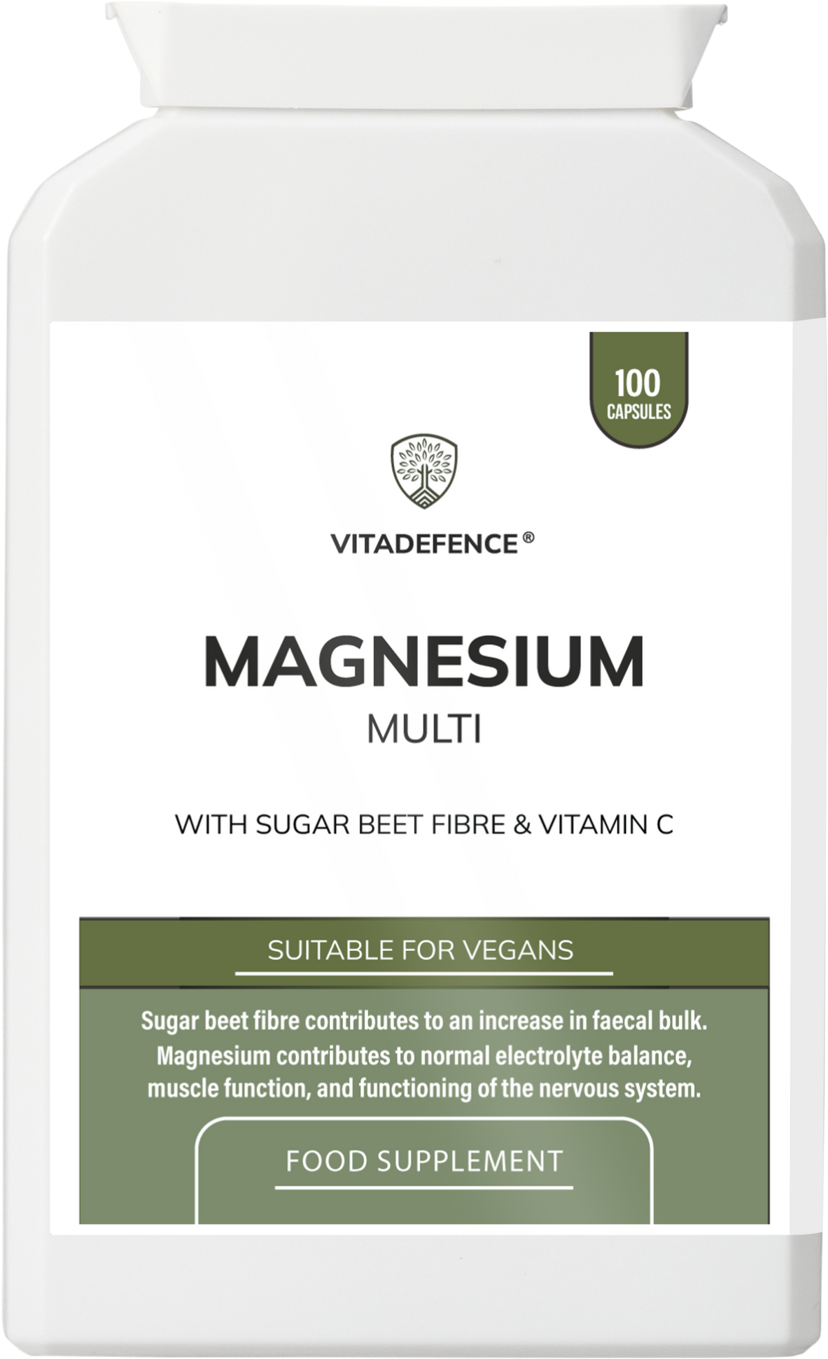 VitaDefence Magnesium Multi vegan supplement capsules with vitamin C and sugar beet fiber, shown in front of packaging.