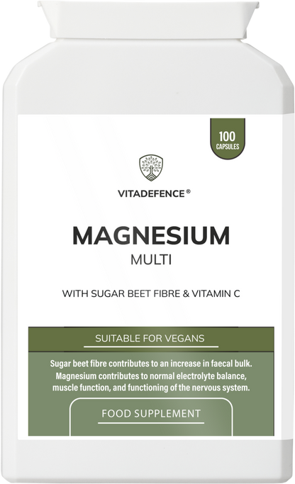 VitaDefence Magnesium Multi vegan supplement capsules with vitamin C and sugar beet fiber, shown in front of packaging.