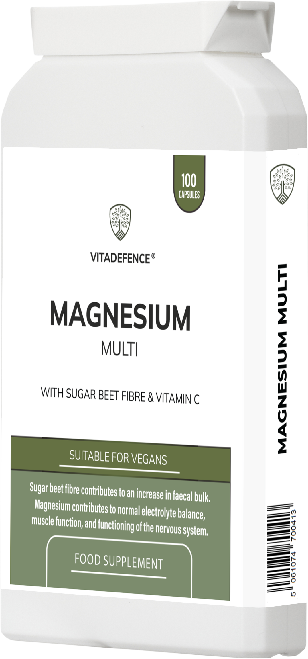 VitaDefence Magnesium Multi vegan supplement capsules with vitamin C and sugar beet fiber, shown in a bottle with capsules.