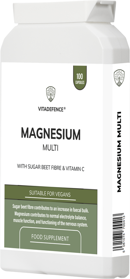 VitaDefence Magnesium Multi vegan supplement capsules with vitamin C and sugar beet fiber, shown in a bottle with capsules.