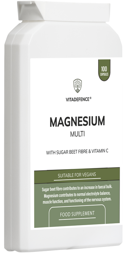 VitaDefence Magnesium Multi vegan food supplement capsules with Vitamin C and sugar beet fiber, shown in a reverse perspective.