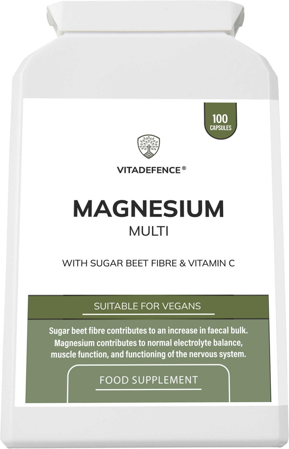 VitaDefence Magnesium Multi vegan supplement capsules with vitamin C and sugar beet fiber, shown in a 200ml bottle.