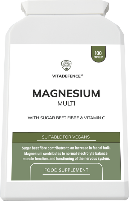 VitaDefence Magnesium Multi vegan supplement capsules with vitamin C and sugar beet fiber, shown in a 200ml bottle.