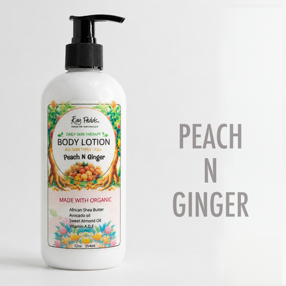 Ginger Peach Organic Body Lotion in a white plastic bottle with black pump, featuring colorful label with peach and ginger illustrations.
