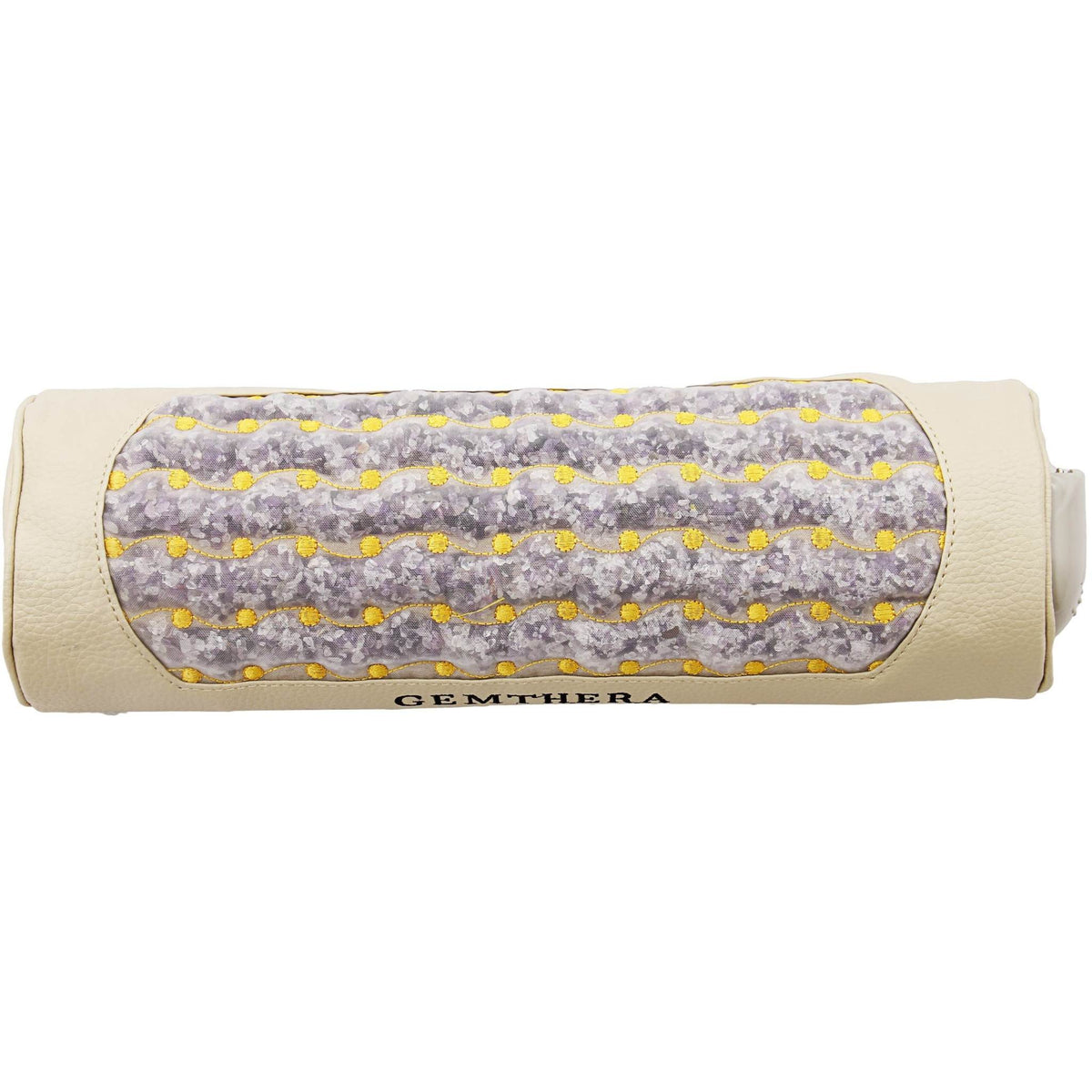 Infrared Heat Pillow with beige synthetic leather, mesh surface revealing crushed amethyst crystals and yellow accents