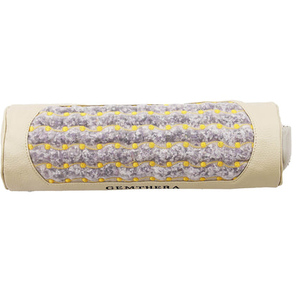 Infrared Heat Pillow with beige synthetic leather, mesh surface revealing crushed amethyst crystals and yellow accents