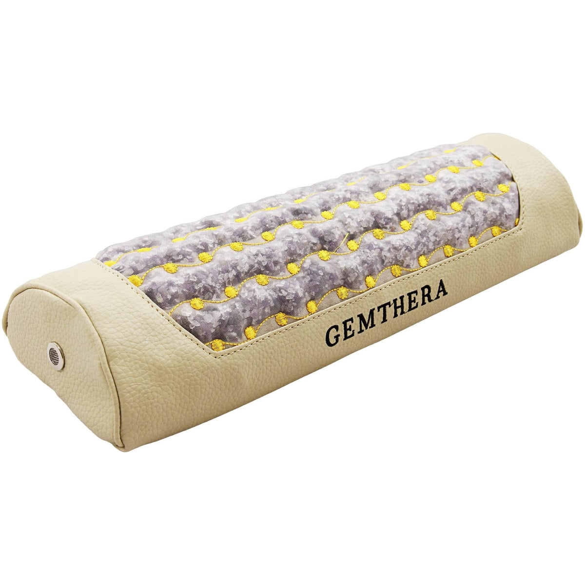 Infrared Heat Pillow with beige synthetic leather sides and mesh top showcasing crushed amethyst crystals in a patterned arrangement.
