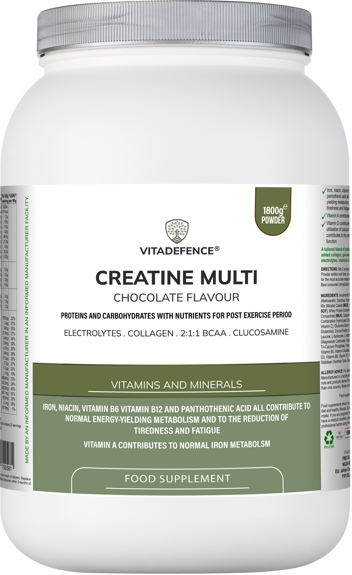 Vitadefence Creatine Multi Chocolate flavor recovery shake with BCAA, collagen, electrolytes, vitamins, and minerals in 1.8 kg tub.