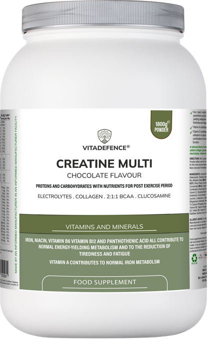 Vitadefence Creatine Multi Chocolate flavor recovery shake with BCAA, collagen, electrolytes, vitamins, and minerals in 1.8 kg tub.