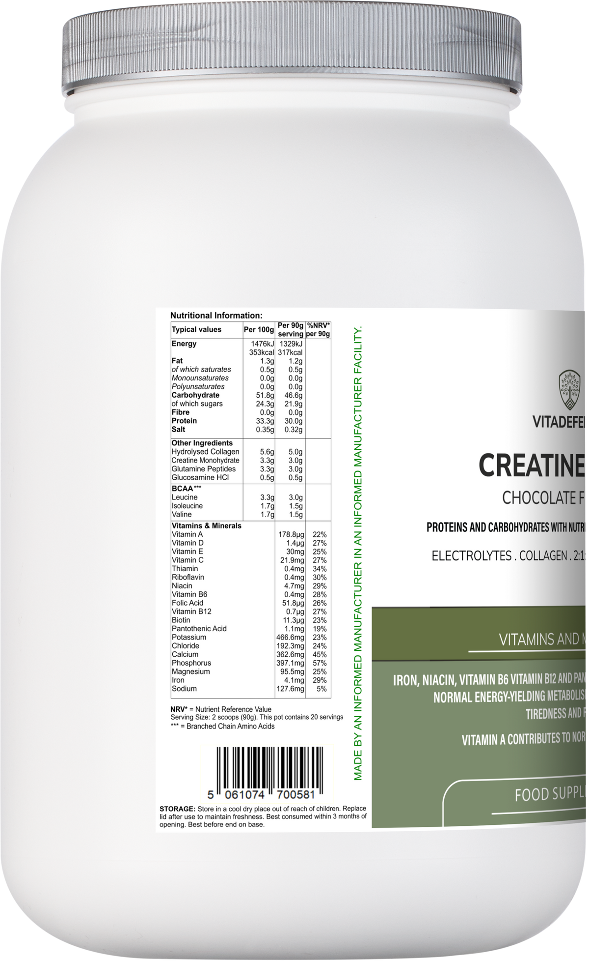 Vitadefence Creatine Multi chocolate flavor recovery shake with BCAA, collagen, electrolytes, vitamins, and minerals in 1.8 kg tub.