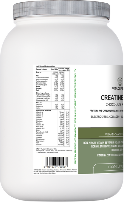 Vitadefence Creatine Multi chocolate flavor recovery shake with BCAA, collagen, electrolytes, vitamins, and minerals in 1.8 kg tub.