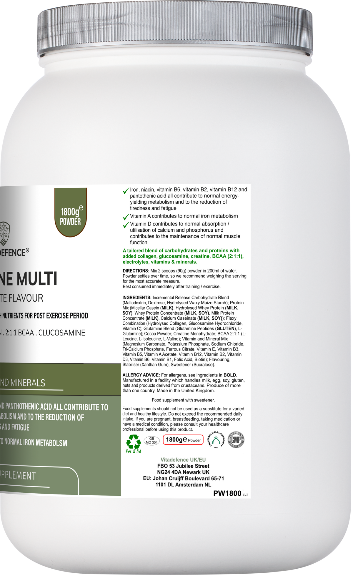 Vitadefence Creatine Multi chocolate flavored recovery shake with BCAA, collagen, electrolytes, vitamins, and minerals in 1.8kg container