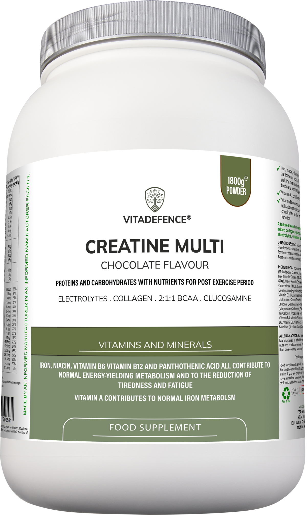 Vitadefence Creatine Multi chocolate-flavored recovery shake with BCAA, collagen, electrolytes, vitamins, and minerals in 1.8 kg container