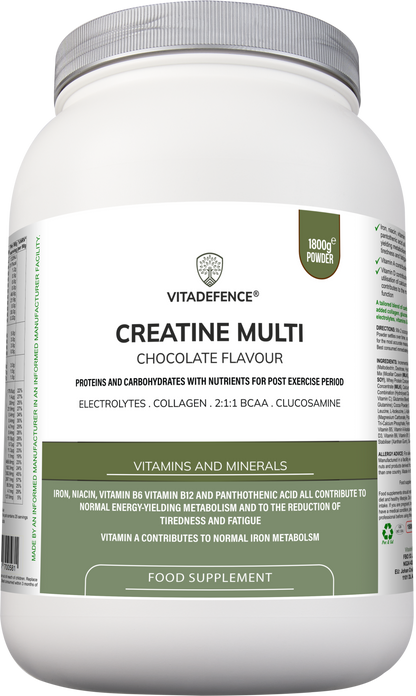 Vitadefence Creatine Multi chocolate-flavored recovery shake with BCAA, collagen, electrolytes, vitamins, and minerals in 1.8 kg container
