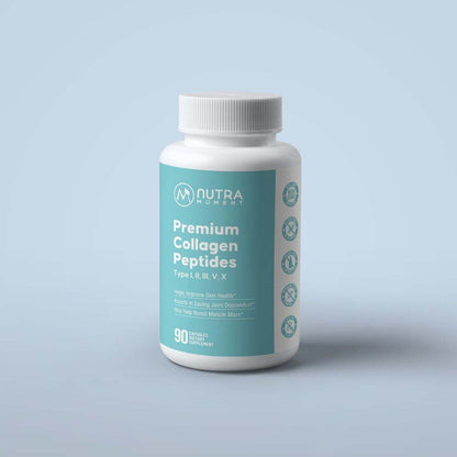 Cream-colored jar of Nutra Moment Premium Collagen Peptides supplement with a scoop and powder visible inside.