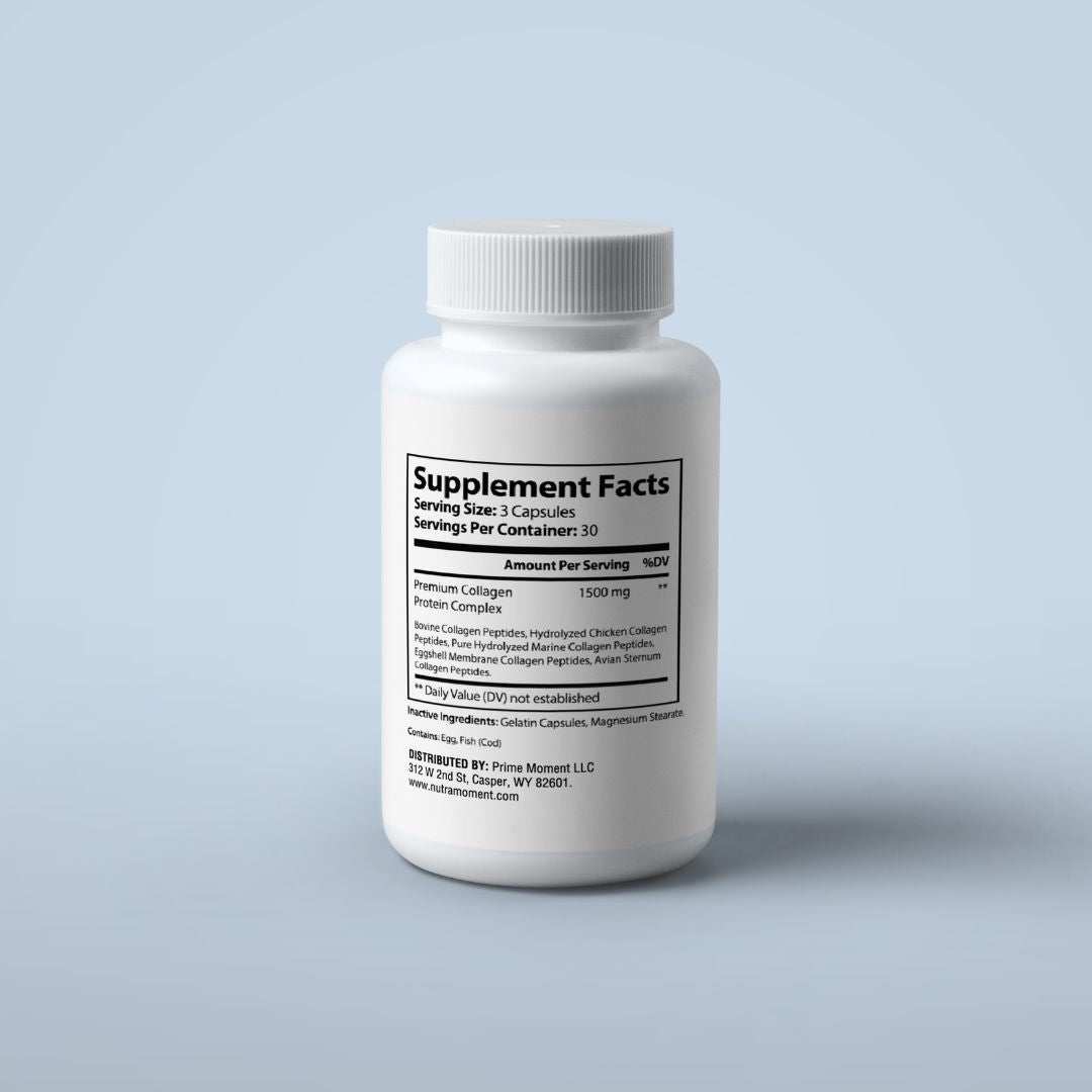 Cream-colored jar of Nutra Moment Premium Collagen Peptides powder with scoop, designed for health and beauty supplement use.