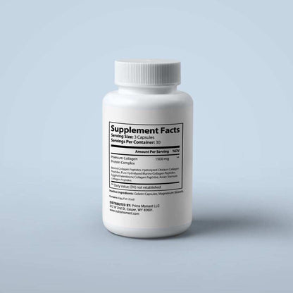 Cream-colored jar of Nutra Moment Premium Collagen Peptides powder with scoop, designed for health and beauty supplement use.