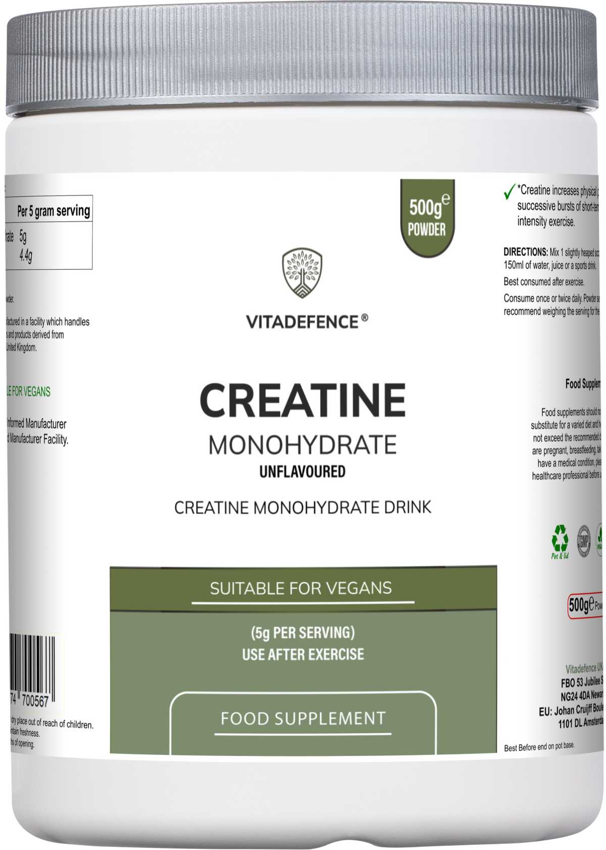 Pure unflavored creatine monohydrate powder from Vitadefence in a 500g round silver jar, used as a food supplement for muscle support.