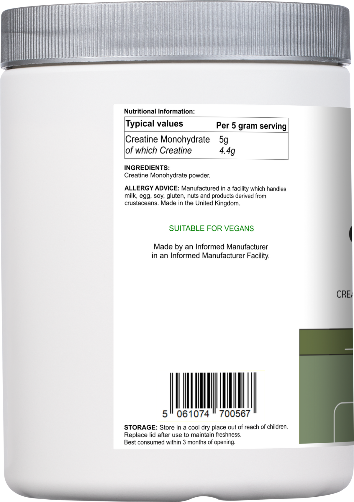 Vitadefence® Creatine Monohydrate powder in a 500g round silver container, side view, unflavored sports supplement.